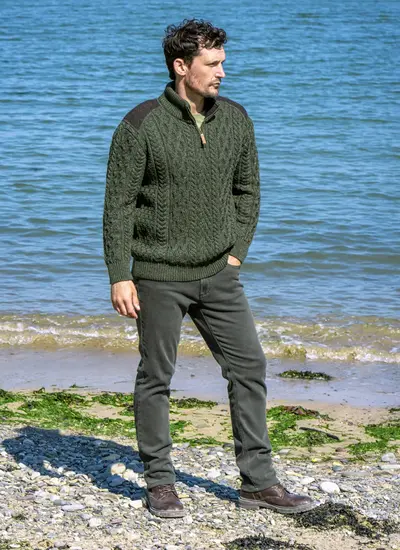 Tweed Patch Half Zip Sweater in Army Green